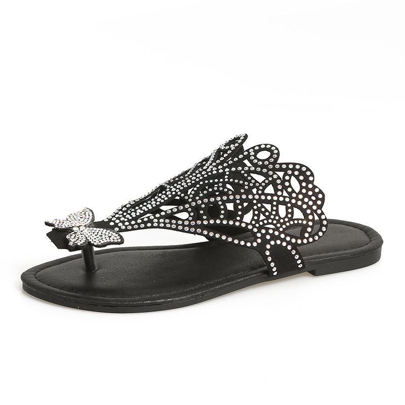 Slip-on Flip-toe Sandals Women's Rhinestone Hollow Flat-heeled Slippers - Image 2