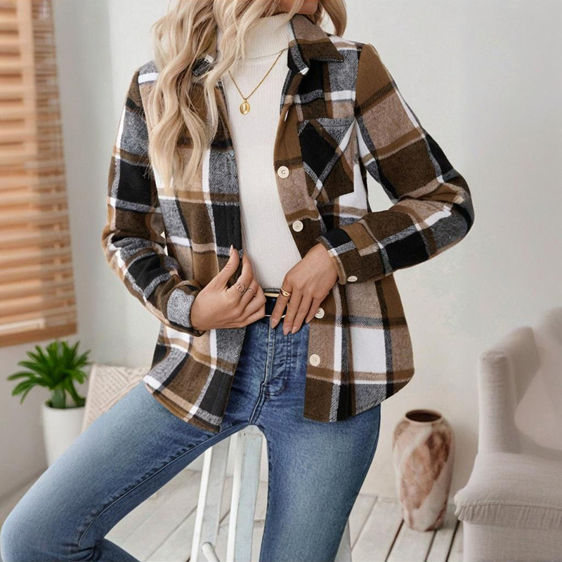 Women's Checkered Fleece Lined Shacket, Plaid Button Down Shirt Jacket With Chest Pockets, Fall Winter Outerwear Coat - Image 3
