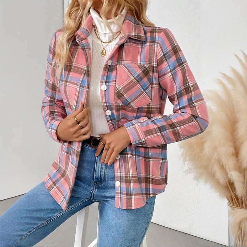 Women's Checkered Fleece Lined Shacket, Plaid Button Down Shirt Jacket With Chest Pockets, Fall Winter Outerwear Coat - Image 5