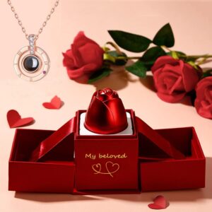 Valentine’s Day Metal Rose Necklace Gift Set in Jewelry Box for Girlfriend & Wife