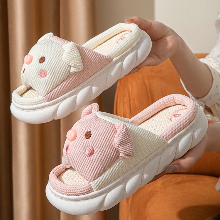 Piggy Cute Couple Open Toe Linen Cotton Linen Slippers - Image 4