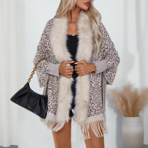 Women's Leopard Poncho With Faux Fur Collar - Fringe Hem Long Sleeve Open Front Cardigan Coat