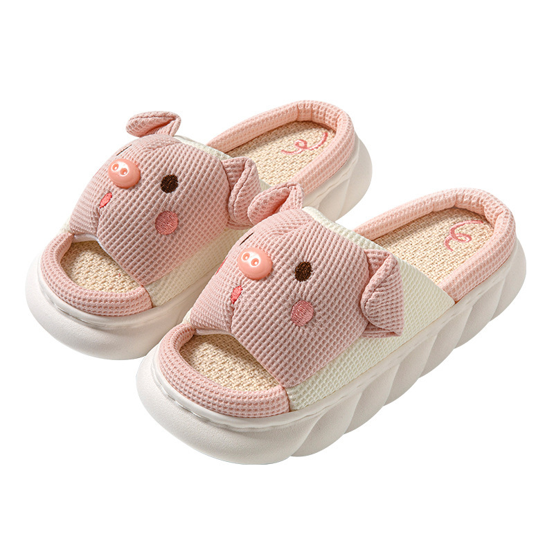 Piggy Cute Couple Open Toe Linen Cotton Linen Slippers - Image 2
