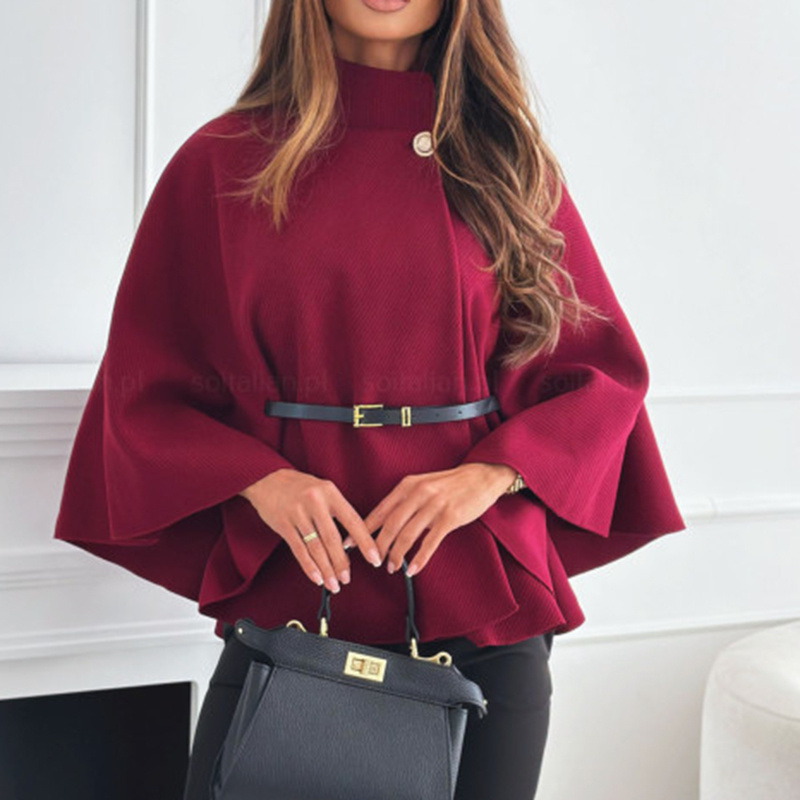 Women's Batwing Sleeve Cape Coat - Trendy Belted Stand Collar Cloak For Casual Outfits - Image 8