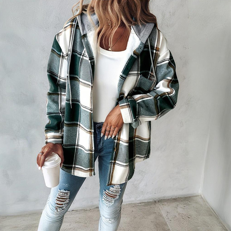 Women's Plaid Hoodie Long Sleeve Jacket Button Drawstring Casual Fall Shirts Shacket With Pocket - Image 6