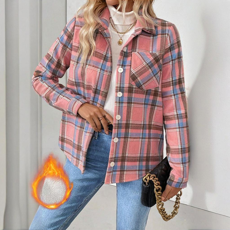Women's Checkered Fleece Lined Shacket, Plaid Button Down Shirt Jacket With Chest Pockets, Fall Winter Outerwear Coat - Image 7