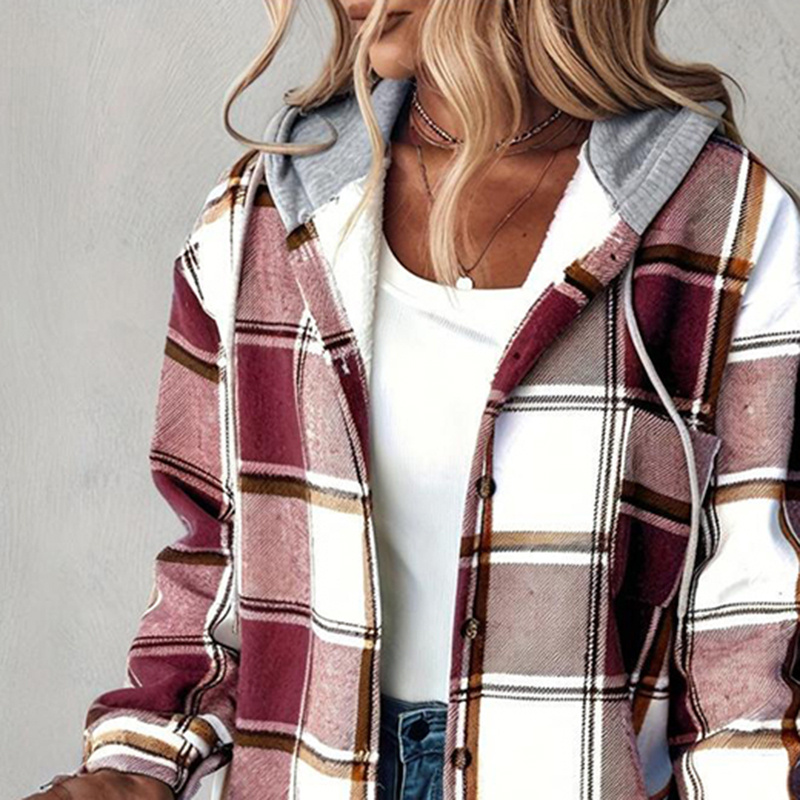 Women's Plaid Hoodie Long Sleeve Jacket Button Drawstring Casual Fall Shirts Shacket With Pocket - Image 4