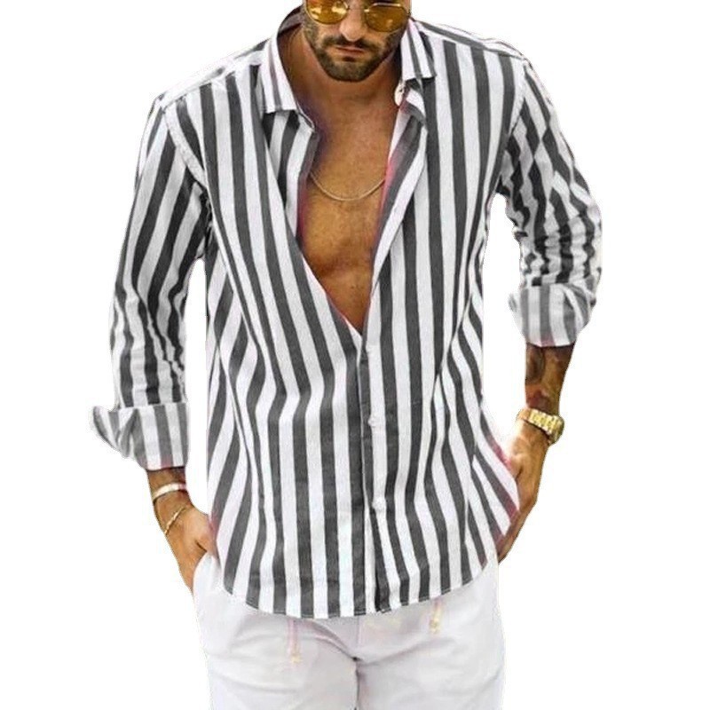 Polo Collar Stripes Shirt Loose - Image 3