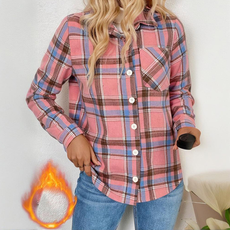 Women's Checkered Fleece Lined Shacket, Plaid Button Down Shirt Jacket With Chest Pockets, Fall Winter Outerwear Coat - Image 6
