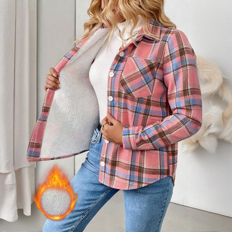 Women's Checkered Fleece Lined Shacket, Plaid Button Down Shirt Jacket With Chest Pockets, Fall Winter Outerwear Coat