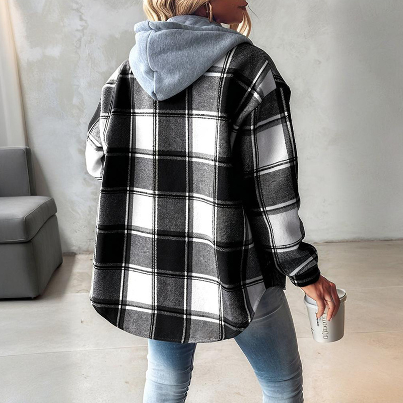 Women's Plaid Hoodie Long Sleeve Jacket Button Drawstring Casual Fall Shirts Shacket With Pocket - Image 8