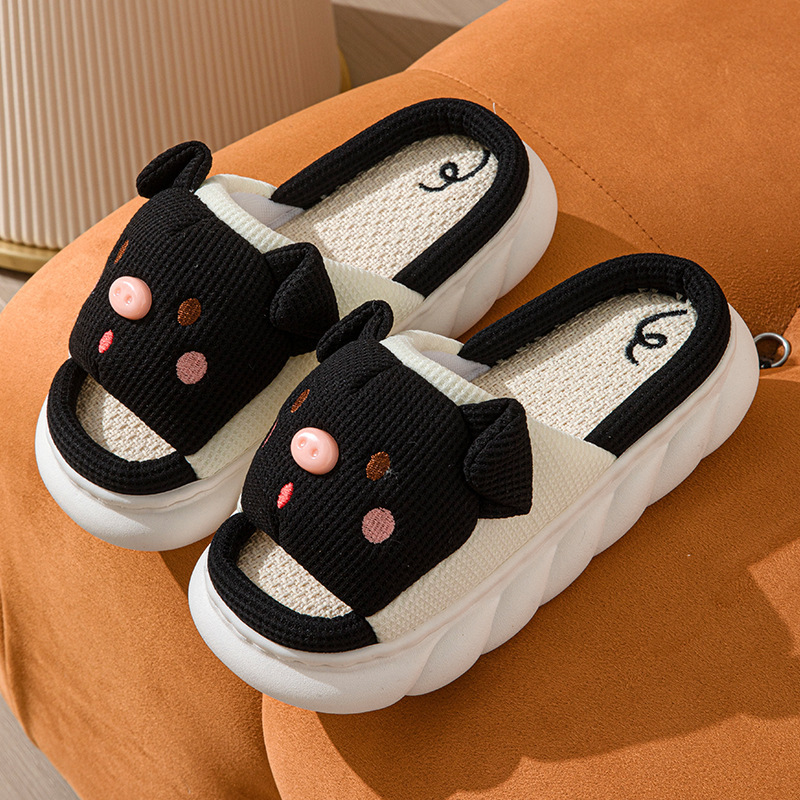 Piggy Cute Couple Open Toe Linen Cotton Linen Slippers - Image 3