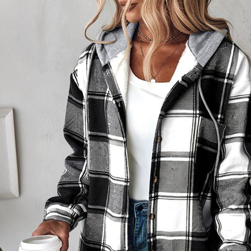 Women's Plaid Hoodie Long Sleeve Jacket Button Drawstring Casual Fall Shirts Shacket With Pocket - Image 5