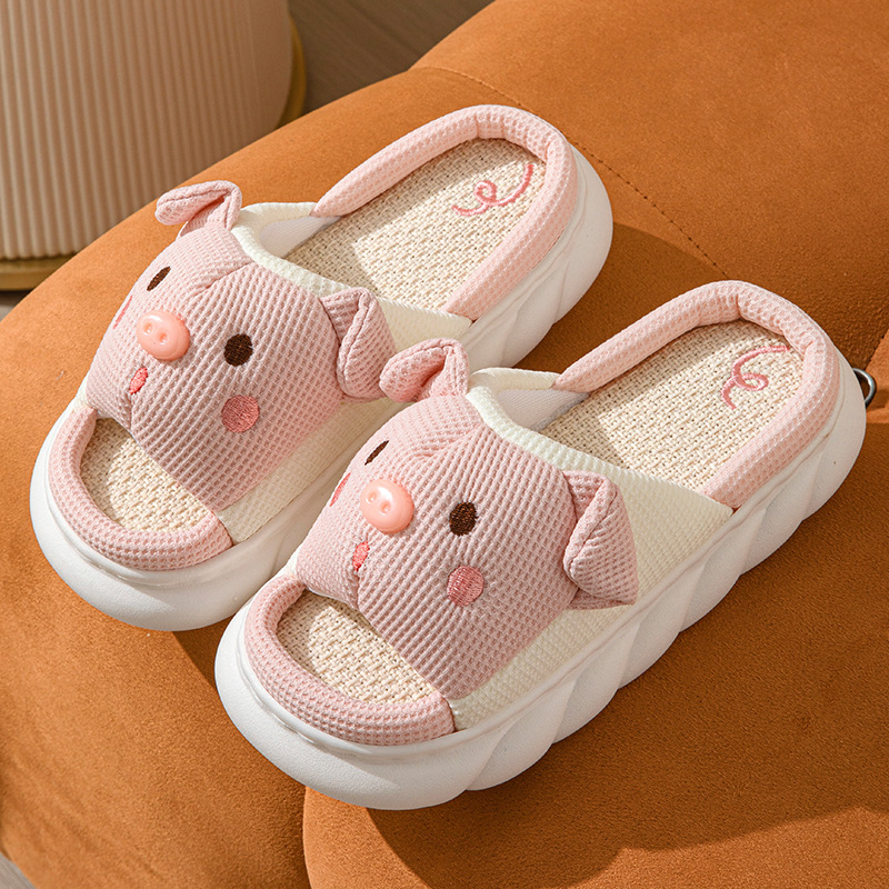 Piggy Cute Couple Open Toe Linen Cotton Linen Slippers - Image 6