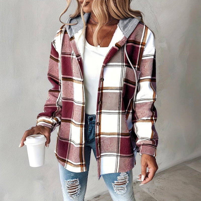 Women's Plaid Hoodie Long Sleeve Jacket Button Drawstring Casual Fall Shirts Shacket With Pocket - Image 10