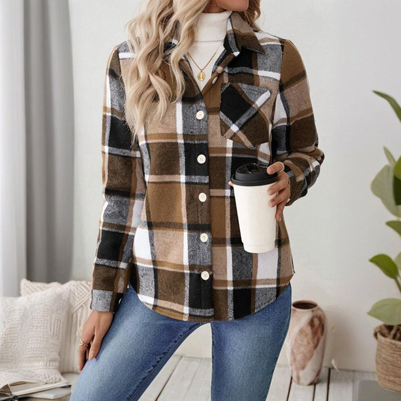 Women's Checkered Fleece Lined Shacket, Plaid Button Down Shirt Jacket With Chest Pockets, Fall Winter Outerwear Coat - Image 9