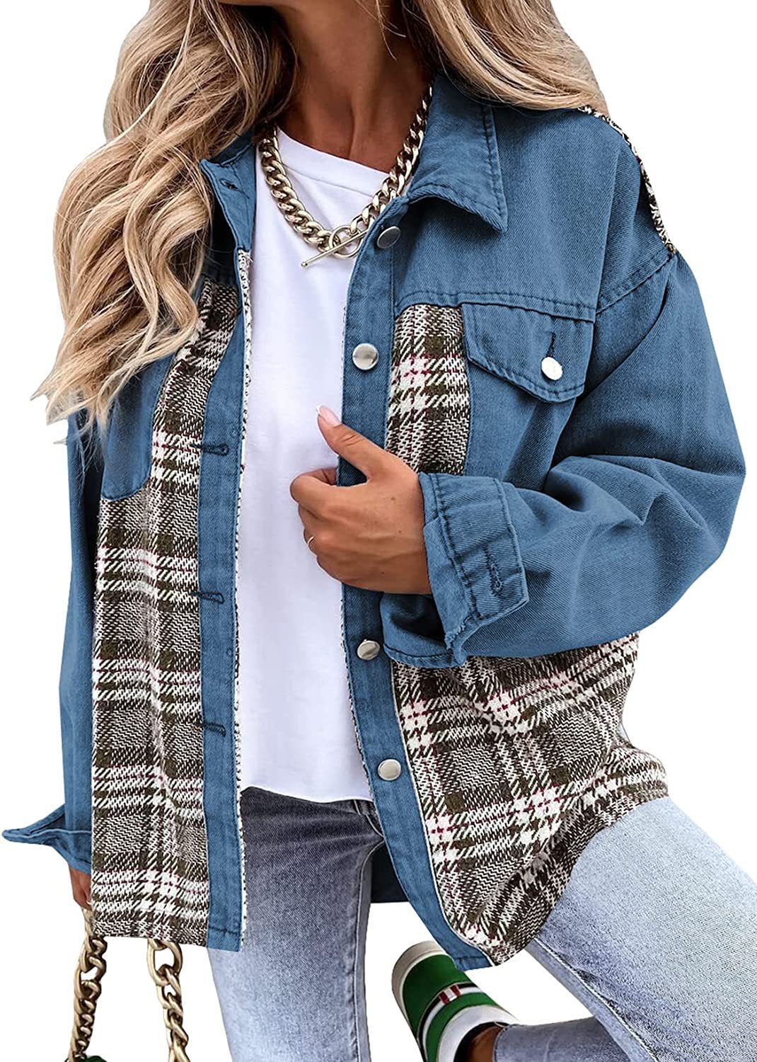 Denim Jacket Long Sleeve Plaid Button Down Shirt - Image 7