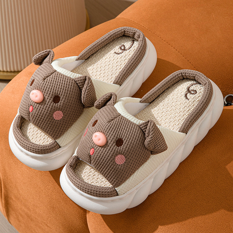 Piggy Cute Couple Open Toe Linen Cotton Linen Slippers - Image 7
