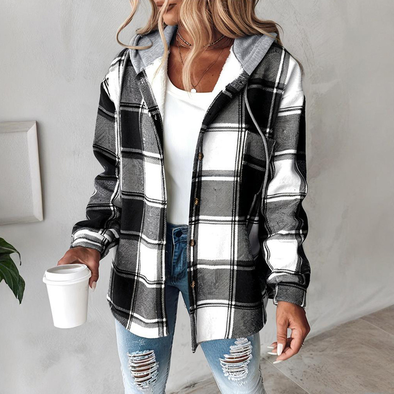 Women's Plaid Hoodie Long Sleeve Jacket Button Drawstring Casual Fall Shirts Shacket With Pocket - Image 2