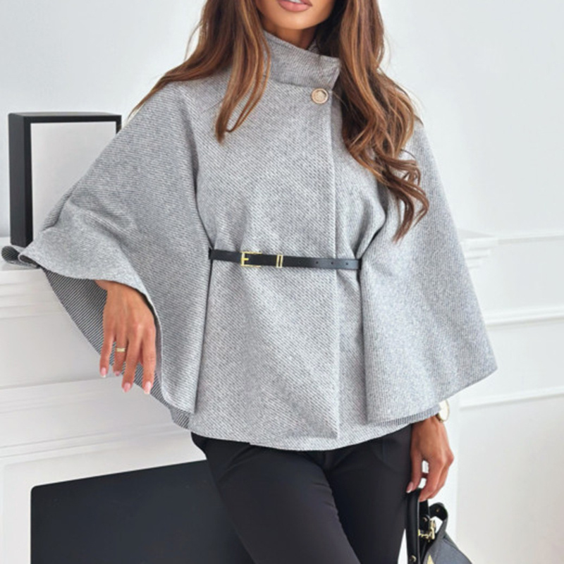 Women's Batwing Sleeve Cape Coat - Trendy Belted Stand Collar Cloak For Casual Outfits - Image 4