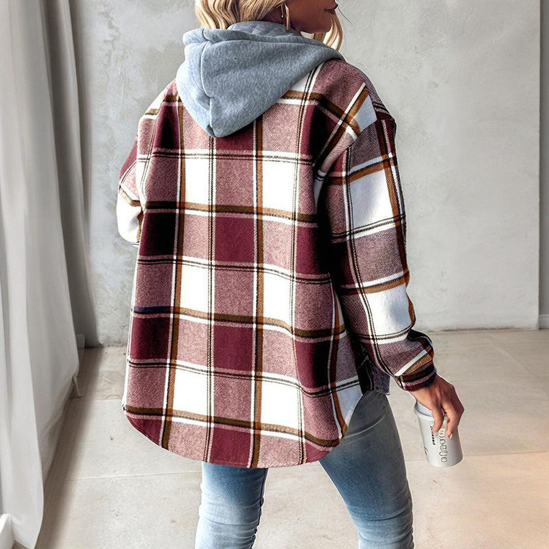 Women's Plaid Hoodie Long Sleeve Jacket Button Drawstring Casual Fall Shirts Shacket With Pocket - Image 7